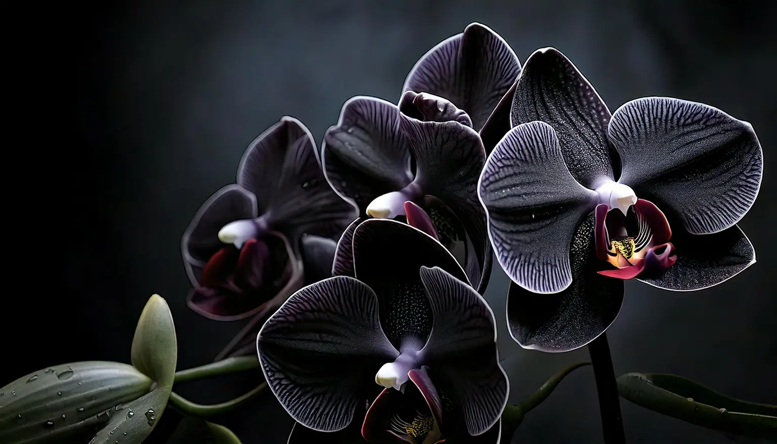 Close-up of black orchid blooms with deep purple and white accents, showcasing their velvety texture and intricate details.