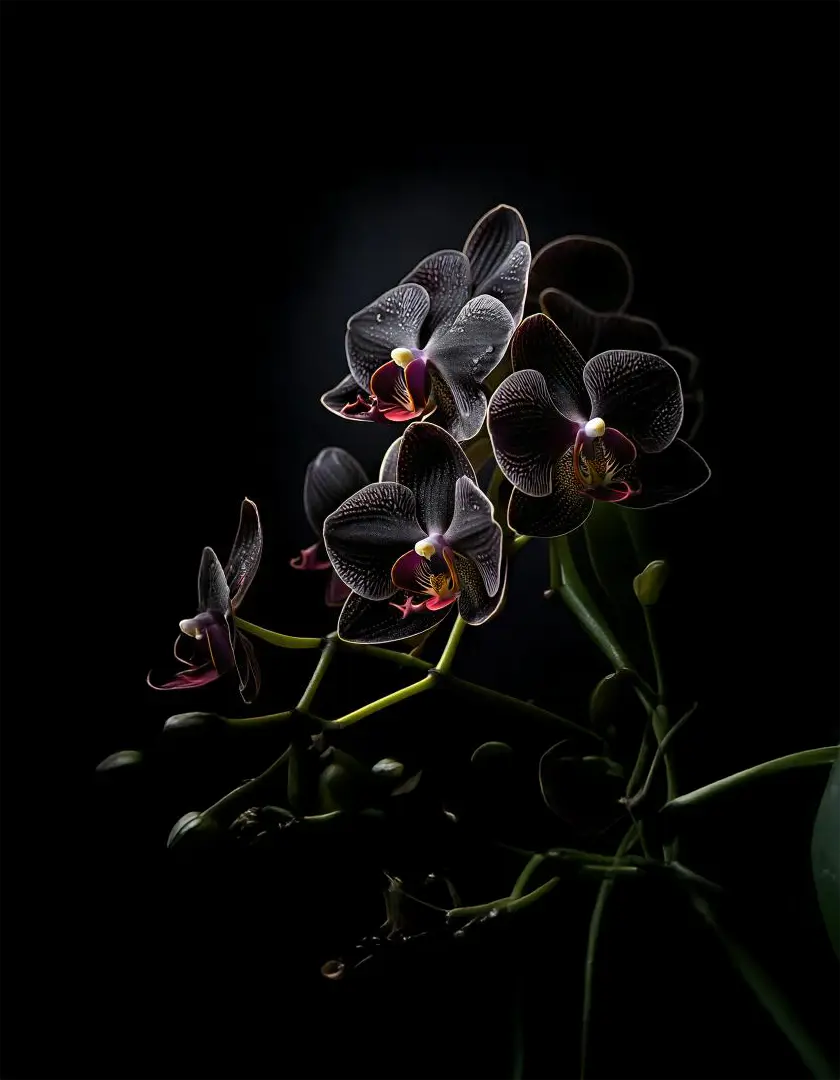 A cluster of black orchids with dramatic lighting highlighting their delicate petals and rich tones.