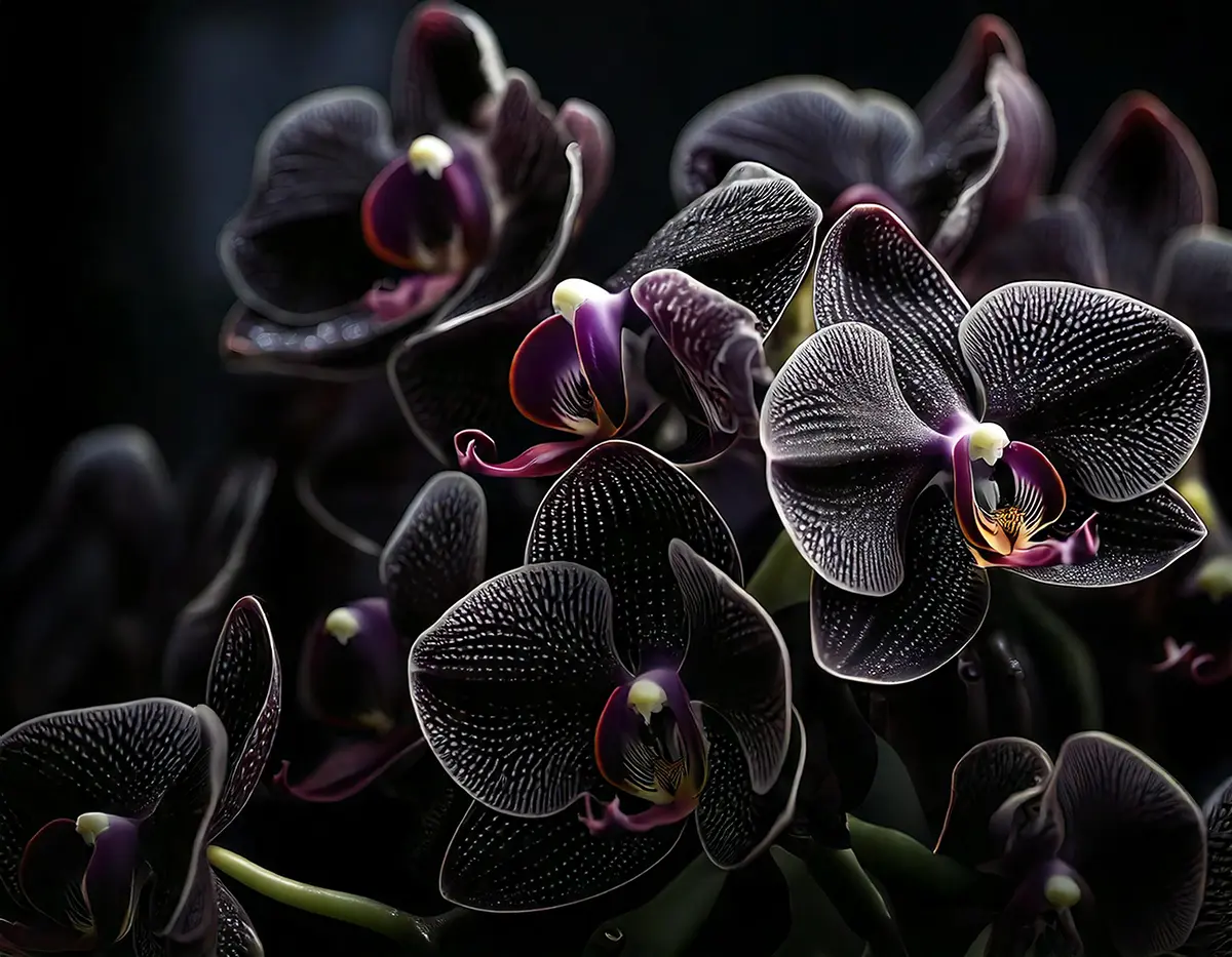 Black orchid blooms in full detail, with their textured petals and golden yellow centers set against a dark background.