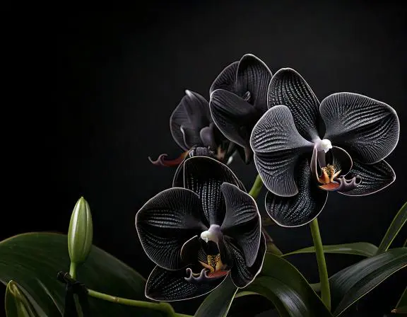 A vibrant composition of black orchids with lush green stems, creating a striking contrast against the shadowy backdrop.