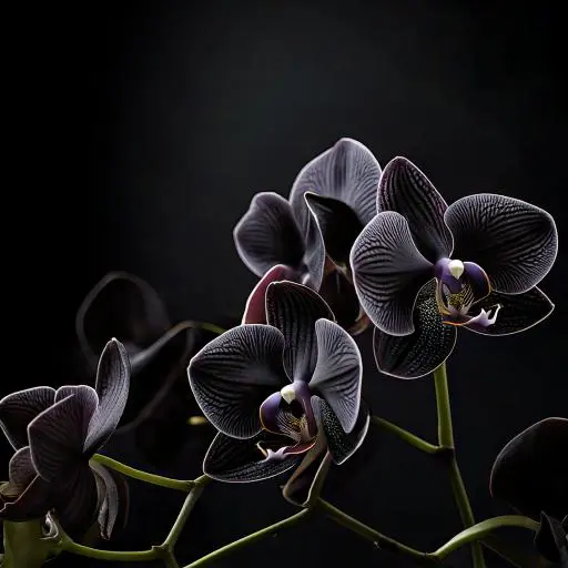 A single black orchid branch illuminated dramatically, emphasizing its deep purple and crimson tones.