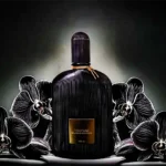 Tom Ford Black Orchid perfume bottle surrounded by stylized black orchid flowers, illuminated against a dark background.