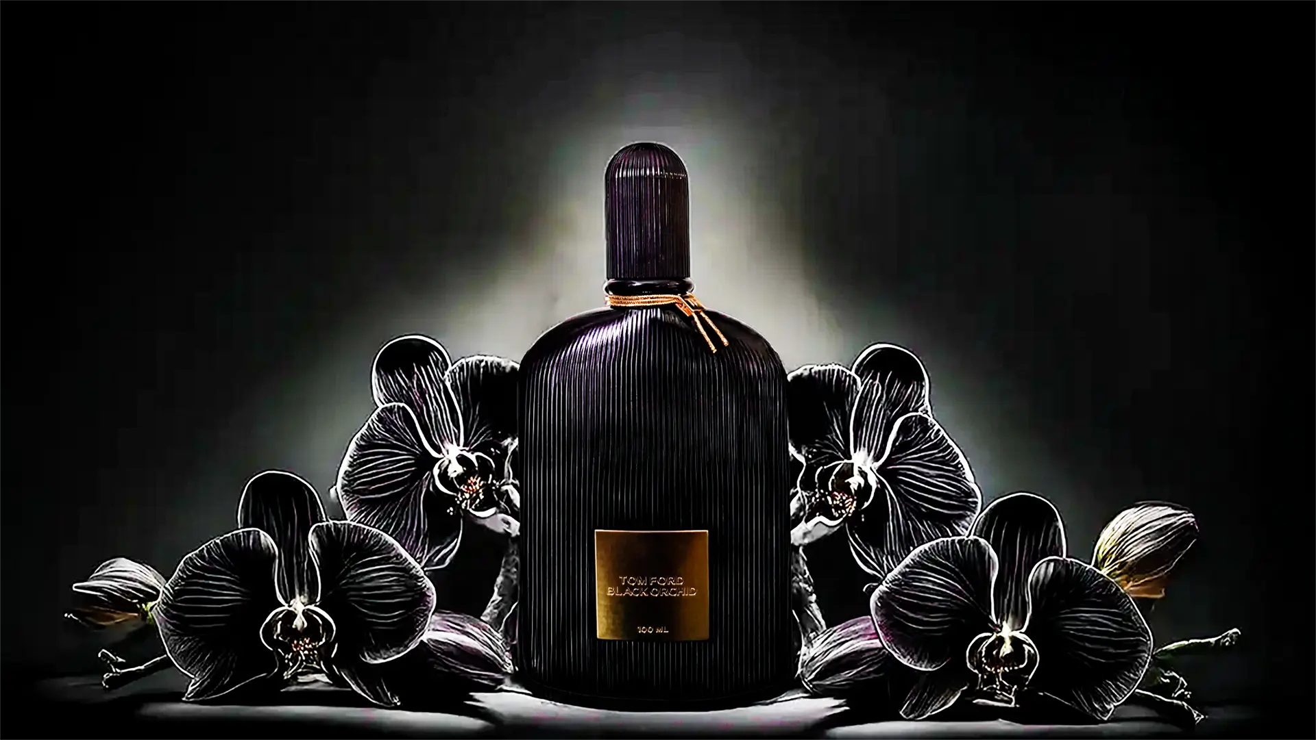 Tom Ford Black Orchid perfume bottle surrounded by stylized black orchid flowers, illuminated against a dark background.