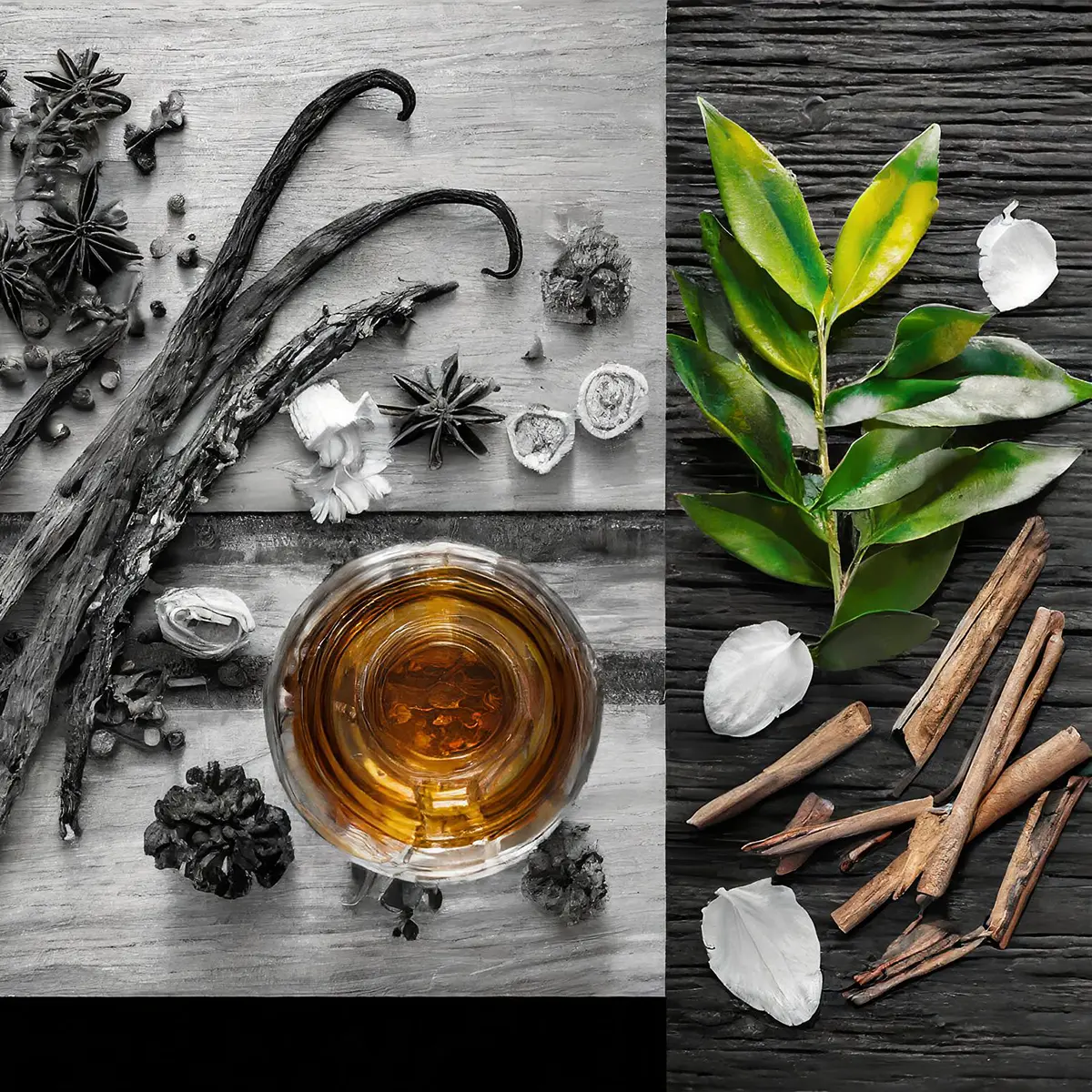 Fragrance notes for Coven by Andrea Maack, including vanilla pods, cloves, green leaves, and a glass of whiskey.