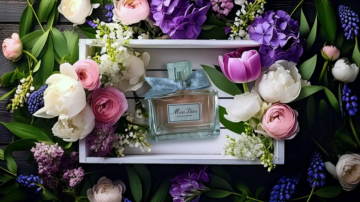 Miss Dior bottle placed in a white floral box with peonies and hydrangeas.