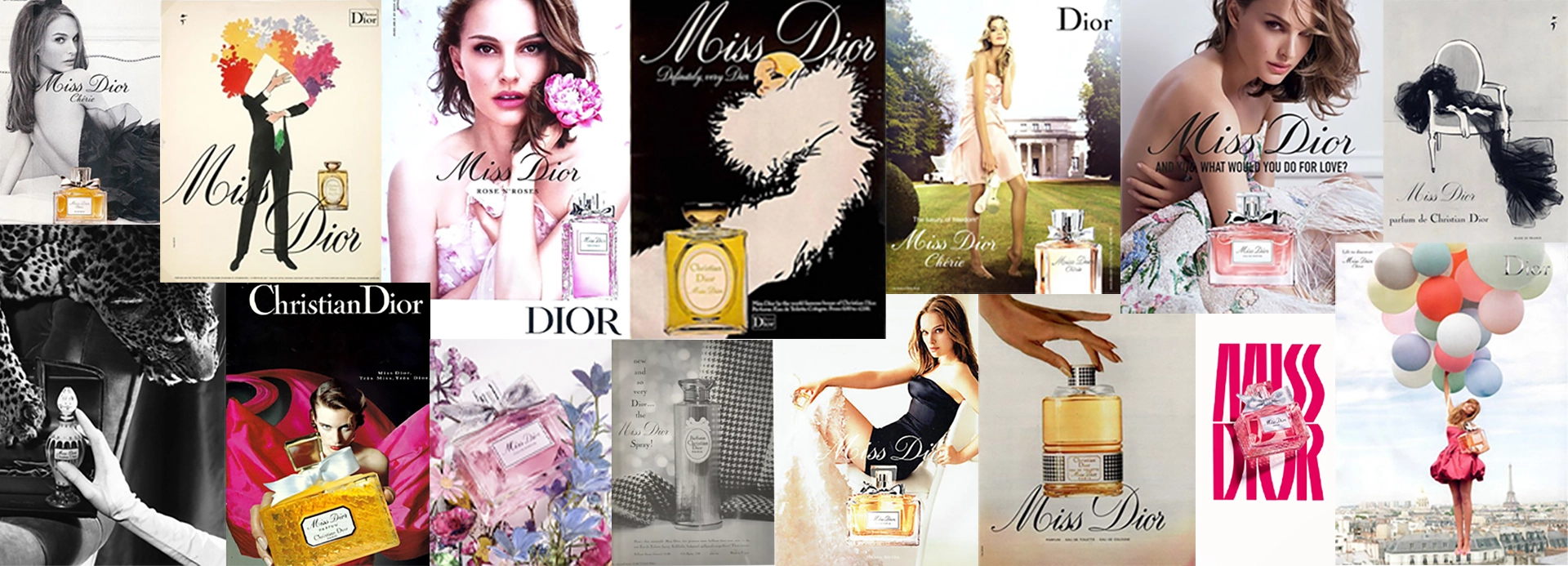 Collage of Miss Dior advertisements showcasing various bottle designs and campaigns.