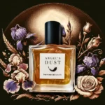 An artistic rendering of Francesca Bianchi Angel's Dust perfume, featuring the bottle amidst a lush floral illustration with irises and roses.