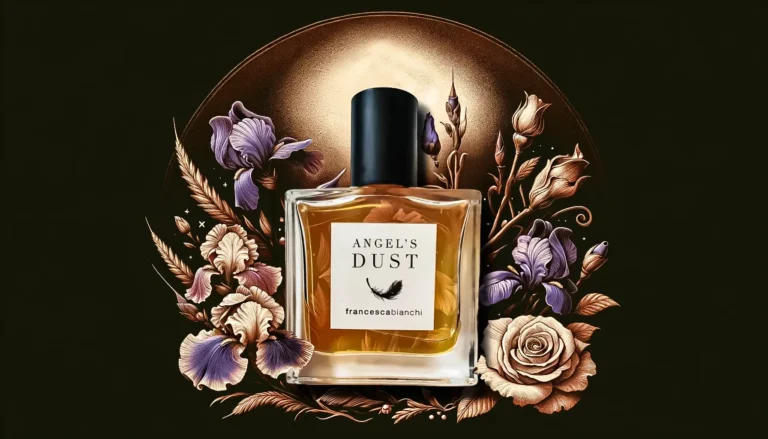 An artistic rendering of Francesca Bianchi Angel's Dust perfume, featuring the bottle amidst a lush floral illustration with irises and roses.