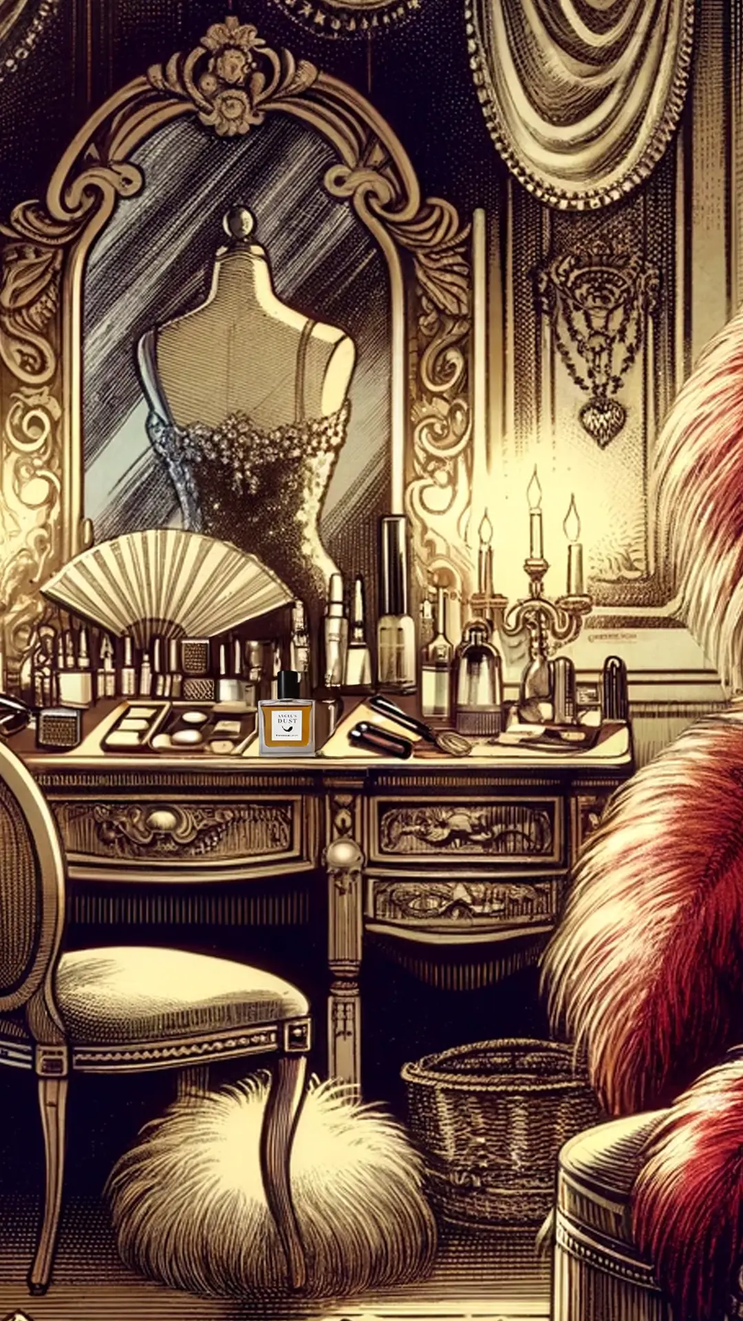 An illustration of a vintage vanity table with a bottle of Francesca Bianchi Angel's Dust perfume, a decorative hand fan, and various makeup items. A mannequin wearing a sparkling dress is reflected in the ornate mirror behind the table.