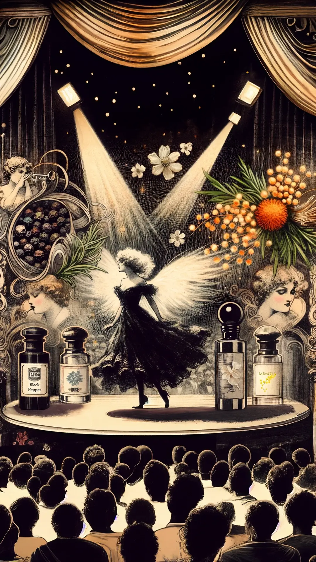 A theatrical stage scene with spotlights illuminating a dancer, bottles labeled 'Black Pepper,' 'Mimosa,' and 'Ambrette,' and illustrations of corresponding flowers and peppercorns.