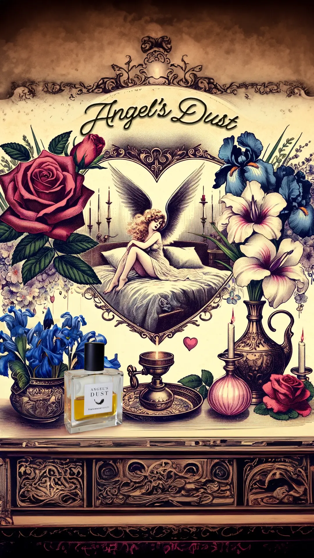 An illustration with a heart-shaped frame containing an angel resting on a bed, surrounded by roses and irises. In front of the frame, a bottle of Francesca Bianchi Angel's Dust sits on an ornate table with decorative goblets and candles.