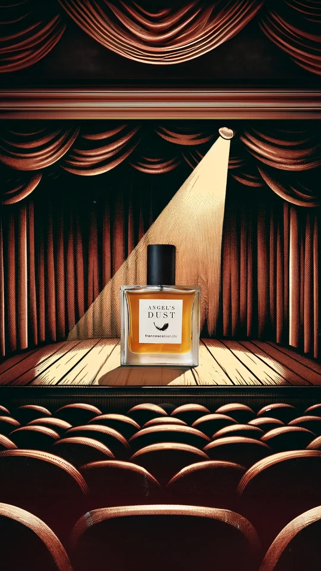 An illustration of a theater stage with a single spotlight illuminating a bottle of Francesca Bianchi Angel's Dust perfume. The stage is empty, and the red velvet curtains are drawn.