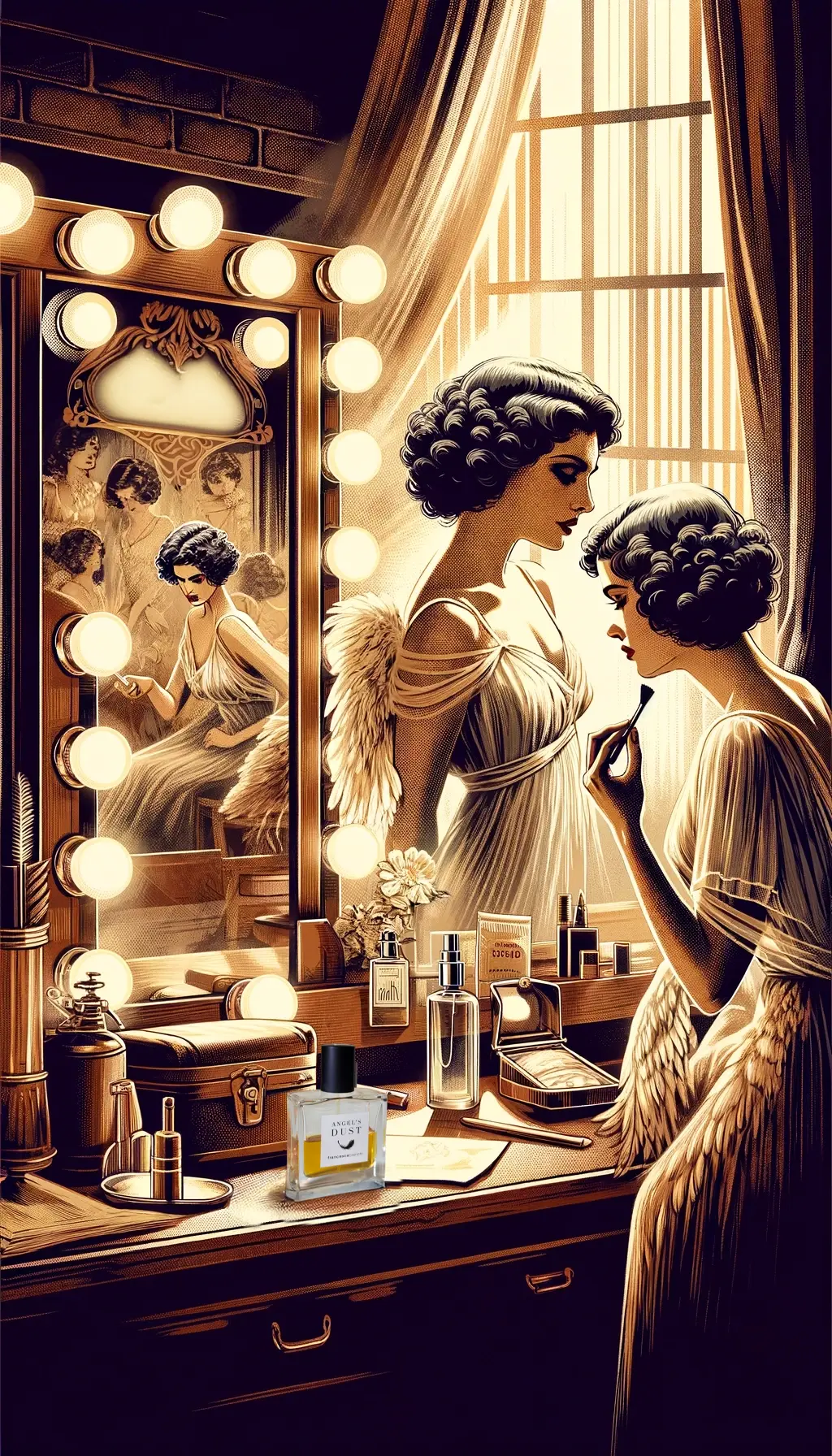 A vintage-inspired illustration of a woman in a flowing gown, gazing thoughtfully at a bottle of Angel's Dust perfume.