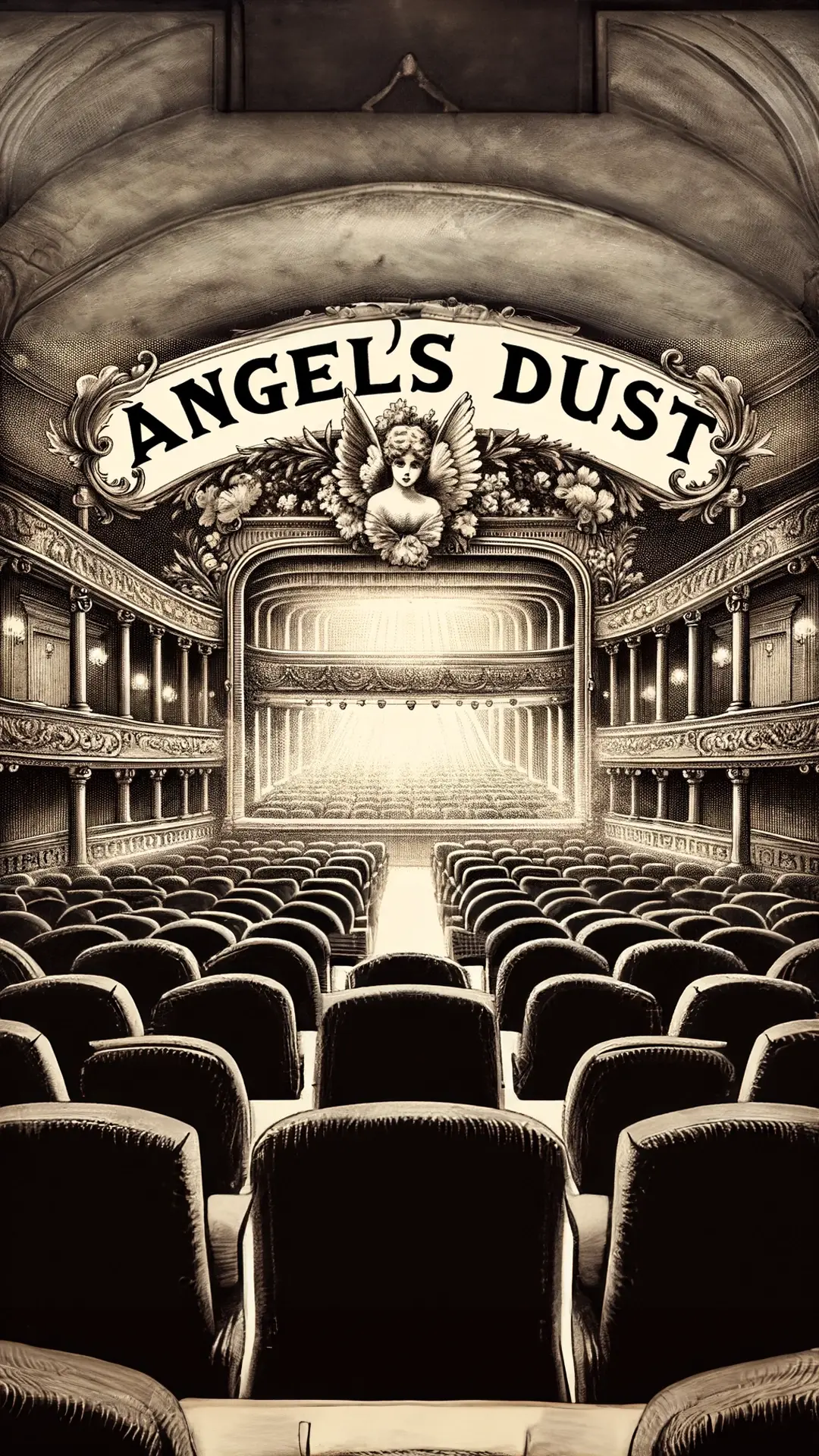 An illustration of a grand, empty theater with a spotlight illuminating the stage. The words 'Angel's Dust' are displayed prominently above the stage.