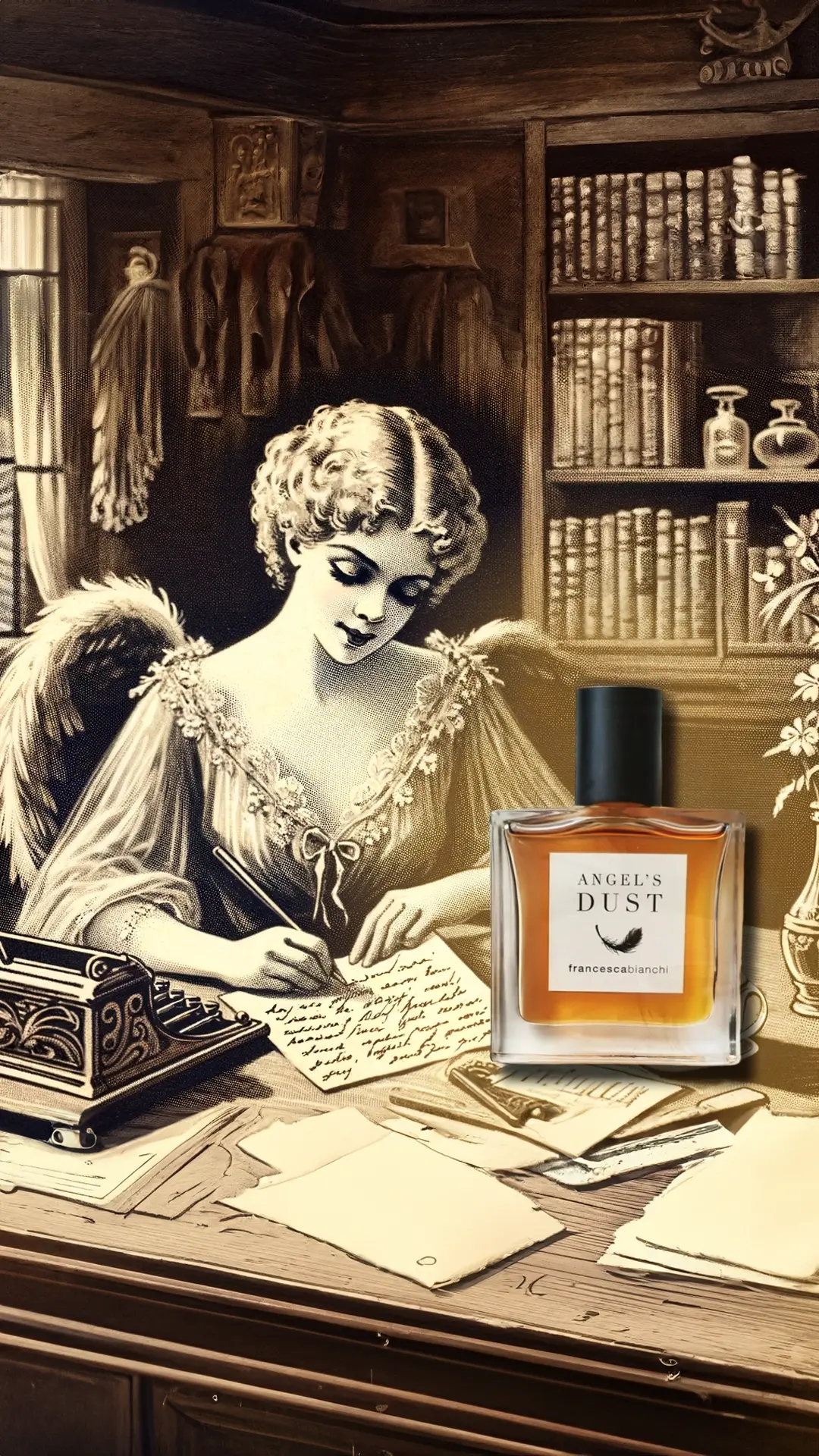 A vintage-style illustration of an angel with a quill pen, writing at a desk cluttered with papers and a typewriter. A bottle of Francesca Bianchi Angel's Dust perfume sits prominently on the desk.