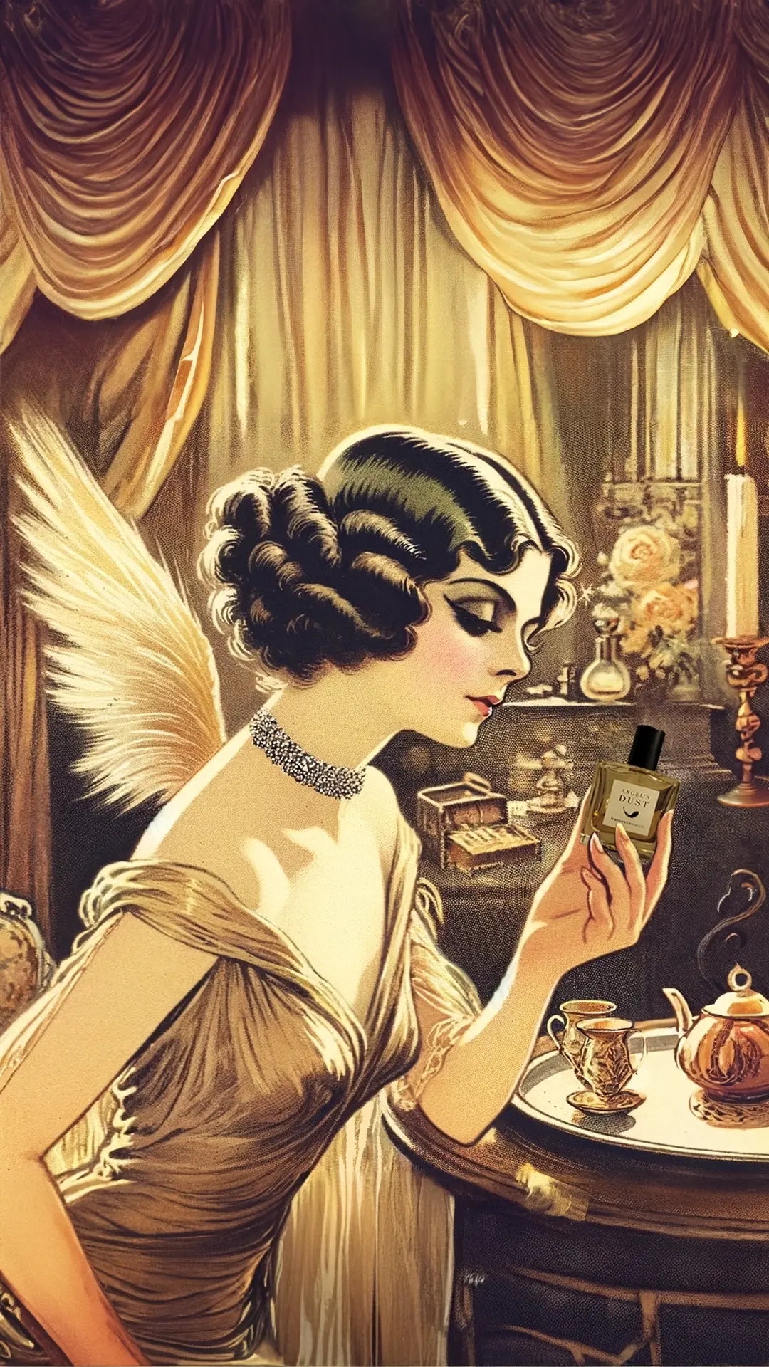 An illustration of a woman with angel wings, styled in 1920s fashion, holding a bottle of Angel's Dust perfume. The scene is set in a vintage boudoir with ornate furnishings and candles.