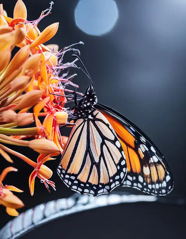 Parfums Quartana Bloodflower bottle surrounded by vibrant red blossoms and a monarch butterfly.