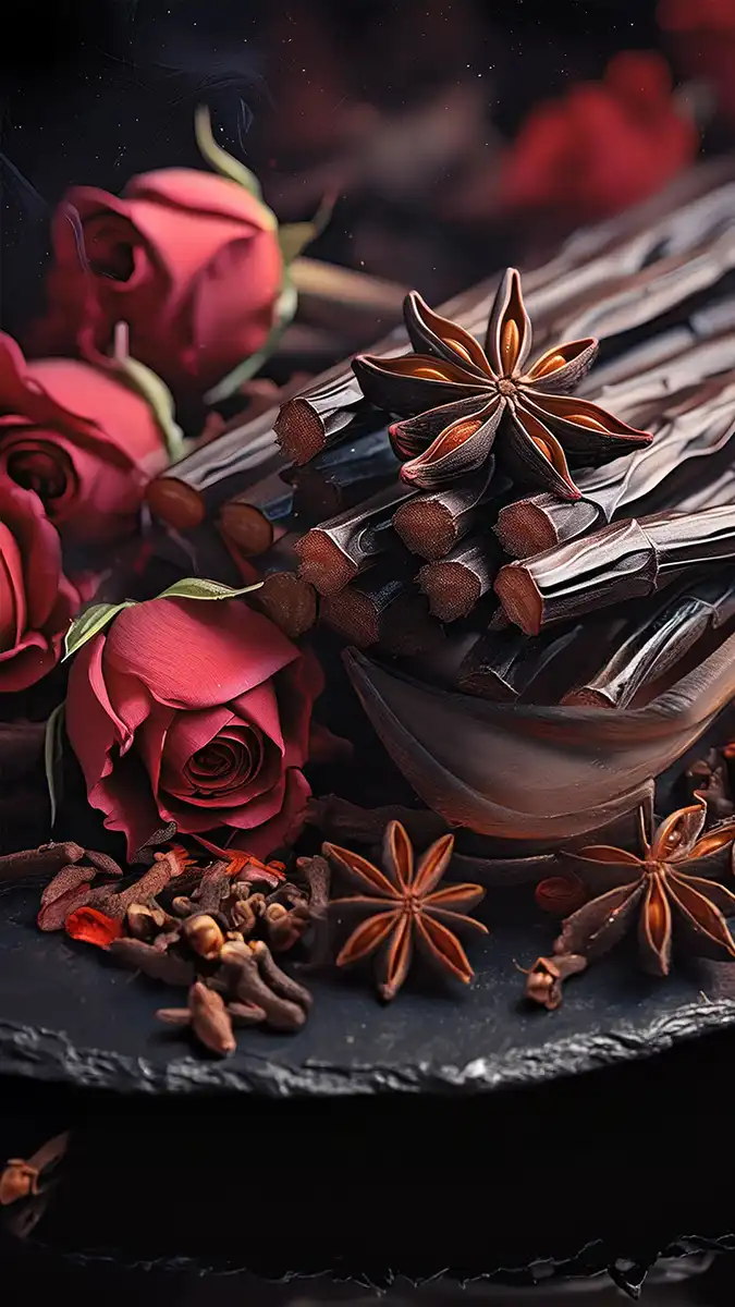 A close-up of Bloodflower perfume’s notes, featuring roses, star anise, cloves, and licorice sticks on a black plate.