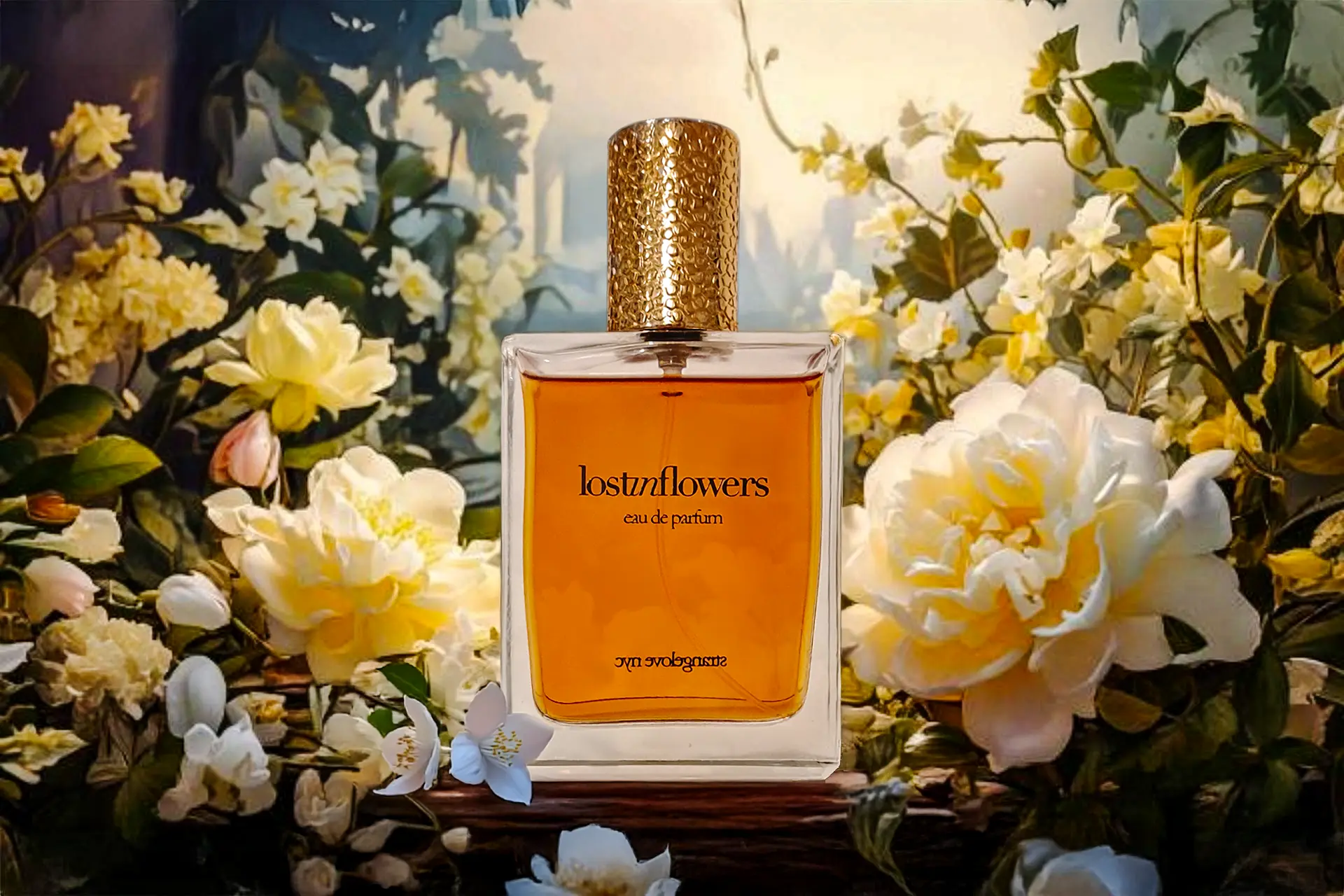 Lost in Flowers perfume bottle by Strangelove NYC nestled amongst a bouquet of yellow champaca and white jasmine flowers.