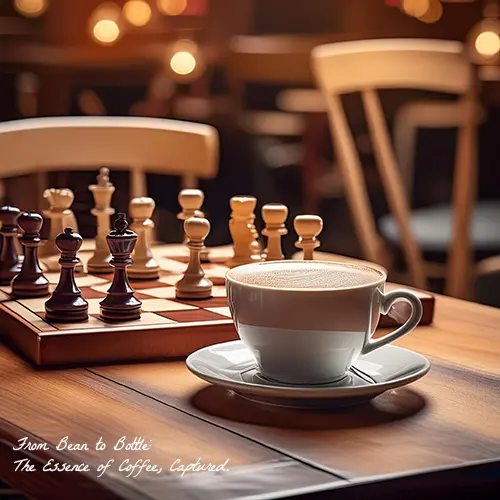 Cup of coffee on a table next to a chessboard, dimly lit ambiance.