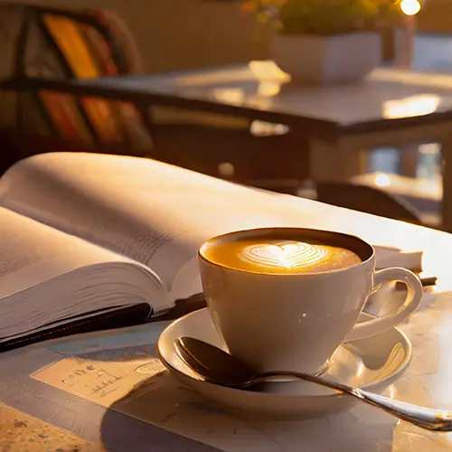 Cup of coffee with latte art and an open book in a sunlit cafe.