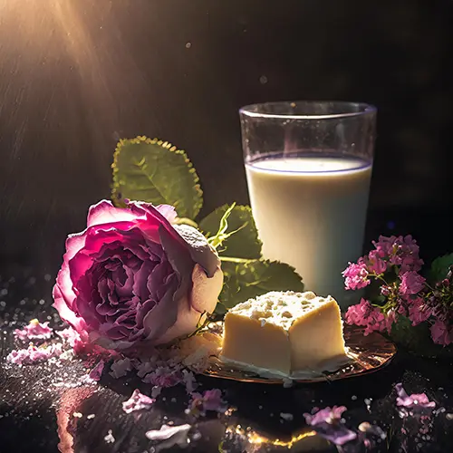 Pink rose, a glass of milk, and buttery treats artistically placed in soft lighting.