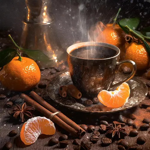 Mandarin orange and cinnamon sticks with a steaming coffee cup, evoking a warm atmosphere.