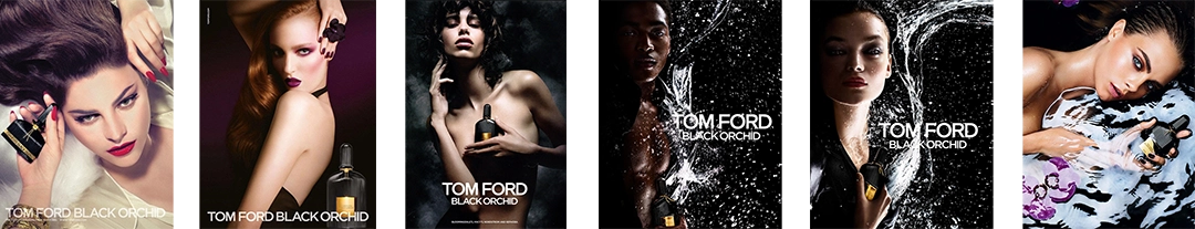 A collage of advertising campaigns for Tom Ford Black Orchid featuring models and perfume