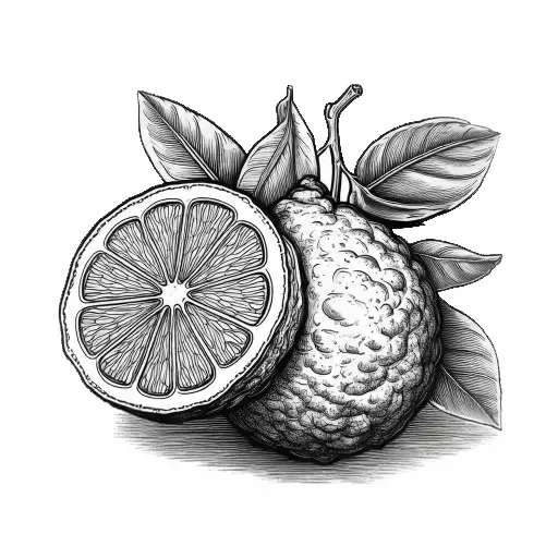 Hand-drawn black and white sketch of a whole and sliced bergamot fruit with leaves, representing its fresh, citrusy, and slightly floral aroma in perfumery.