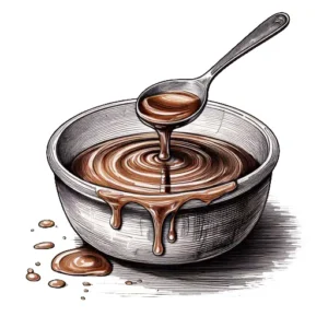 Hand-drawn black and white sketch of dripping caramel sauce with a spoon, symbolizing its warm, buttery, and indulgently sweet aroma in perfumery.