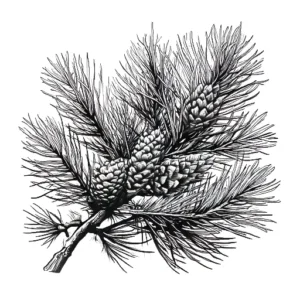 Hand-drawn black and white sketch of a cedar branch with cones, representing the deep, warm, and resinous scent of cedarwood in perfumery.