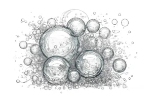 An airy, hand-drawn illustration of sparkling aldehydes, bubbles, and light floral wisps, evoking the effervescent and soapy-clean character of aldehyde fragrances.