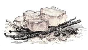 A warm, golden-hued sketch of amber resin, vanilla pods, and exotic spices, glowing like liquid gold to represent the richness of amber perfumes.