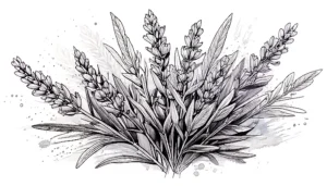 A delicate hand-drawn illustration of fresh lavender sprigs, rosemary, and sage, evoking the herbal and refreshing nature of aromatic fragrances.
