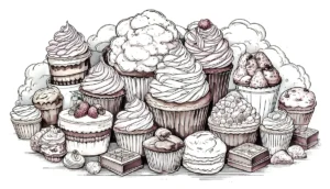 A hand-drawn illustration of an assortment of decadent desserts, including cupcakes, chocolates, pastries, and whipped cream, symbolizing the sweet and indulgent notes of gourmand fragrances.