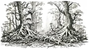 A lush, damp forest floor with twisted roots, soft moss, and dappled sunlight filtering through trees.