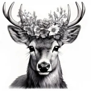 Hand-drawn black and white illustration of a majestic deer with a floral crown adorning its antlers.