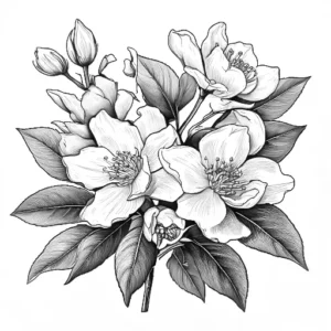 Hand-drawn black and white sketch of jasmine flowers on a stem, symbolizing their rich, floral, and sensual aroma in perfumery.