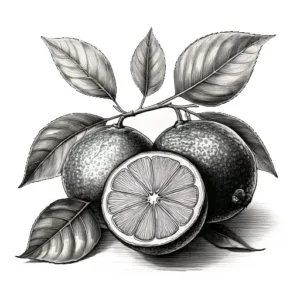 Hand-drawn black and white sketch of a whole and sliced lime with leaves on a branch, symbolizing its zesty, tart, and fresh aroma in perfumery.