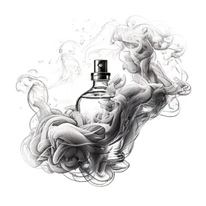 Hand-drawn black and white sketch of a perfume bottle surrounded by swirling mist, symbolizing the soft, sensual, and skin-like aroma of musk in perfumery.