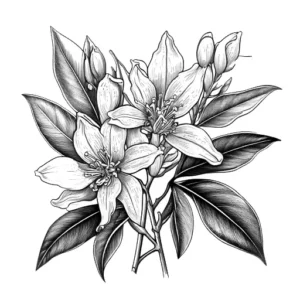 Hand-drawn black and white sketch of neroli flowers with leaves, representing their fresh, citrusy, and delicately floral aroma in perfumery.