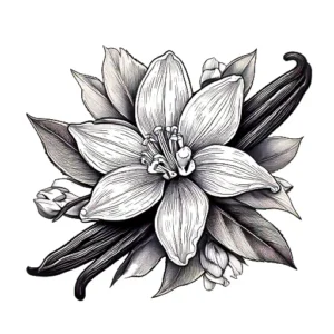 Hand-drawn black and white sketch of a vanilla pod with blossoms and leaves, symbolizing its warm, creamy, and slightly sweet aroma in perfumery.