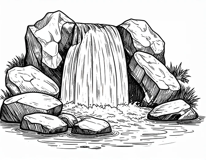 Hand-drawn black and white sketch of a small waterfall flowing over rocks into a rippling pool, with gentle waves and natural details.