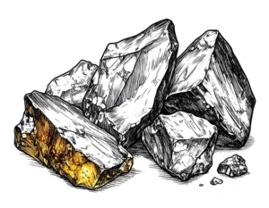 Hand-drawn illustration of raw amber resin chunks in black and white with golden highlights