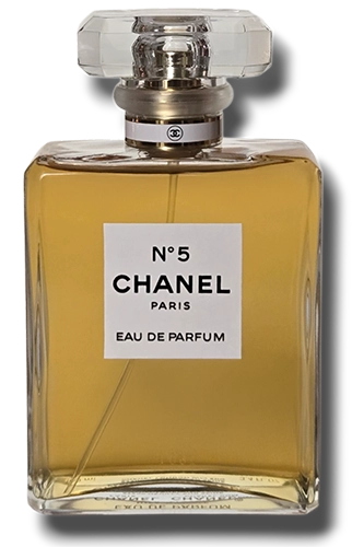 A clear product shot of a rectangular glass bottle of Chanel N°5 Eau de Parfum with a faceted stopper and a white label.