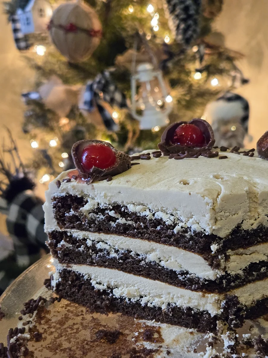 A side profile view of a sliced three-layer chocolate cake with thick, light-colored frosting, topped with halved cherry cordials and chocolate sprinkles.