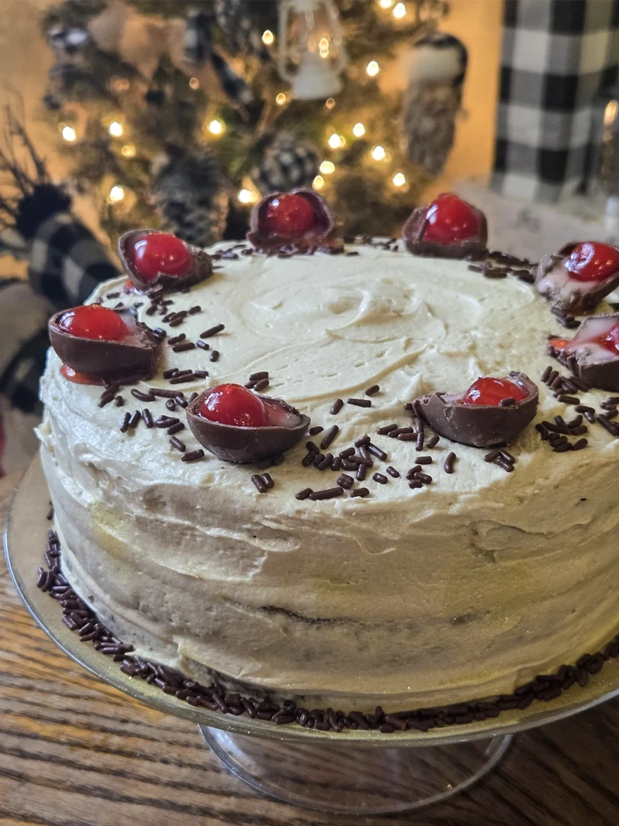 A full view of a round chocolate cake with beige frosting, decorated with a ring of halved chocolate-covered cherries and sprinkles on a glass stand.