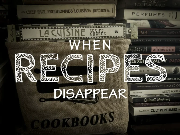 Burlap recipe keeper labeled “La Cuisine” in front of stacked vintage cookbooks, overlaid with the words “When Recipes Disappear”